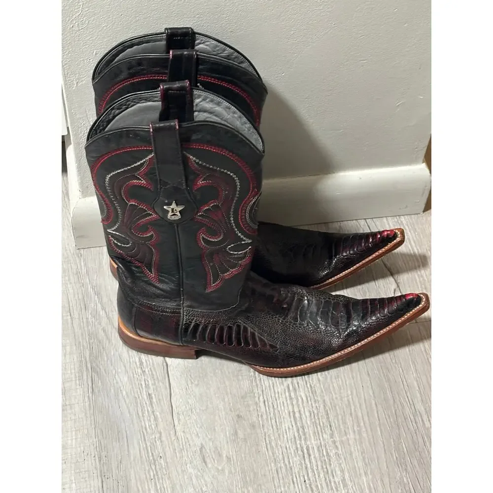 Los Altos Genuine Ostrich Leg Cowboy Boots Black Cherry Men’s 9 EE Snip Toe